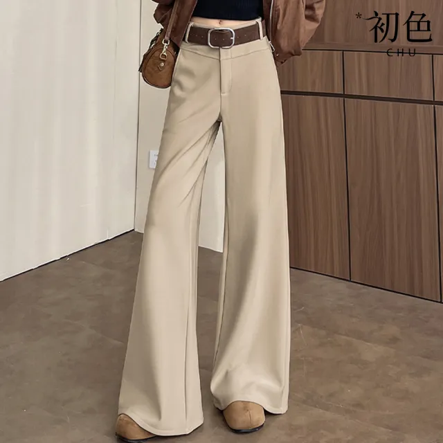【初色】純色加絨加厚保暖高腰直筒垂墜感西裝褲休閒褲寬褲闊腿褲寬鬆長褲-共3色-17671(M-XL可選)