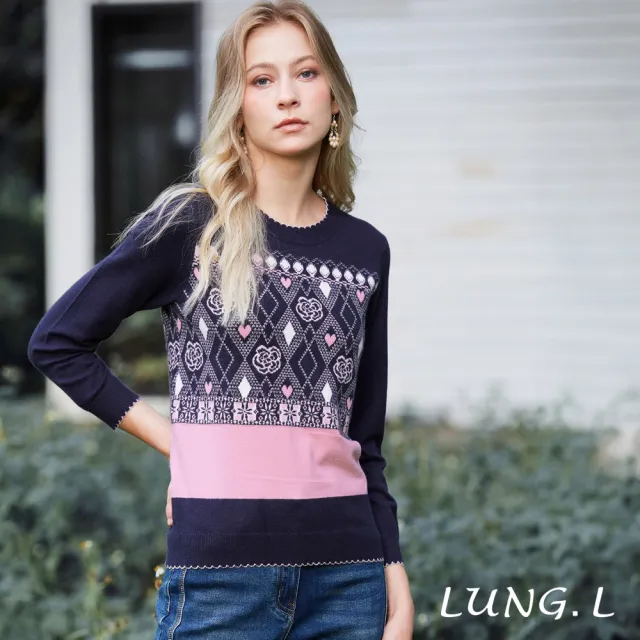【LUNG.L 林佳樺】L861A 藍色配粉色經典菱形格紋長袖女裝針織衫(秋冬新品)