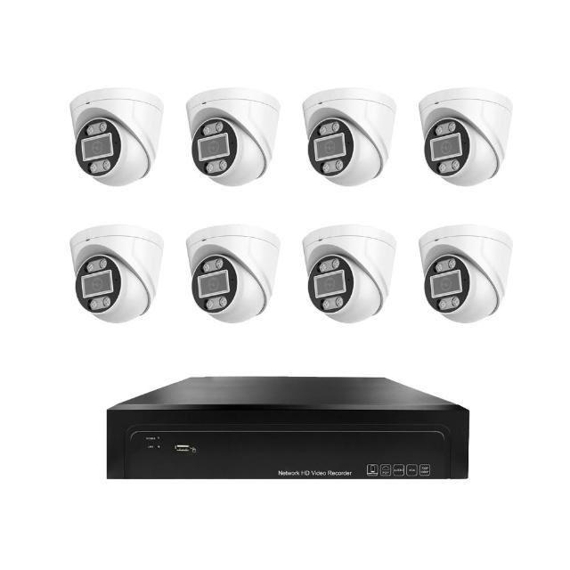 【iSecure】八路智慧雙光監視器基本款:一部八路 4K 超高清監控主機+八部智慧雙光 3MP 半球型攝影機(PoE)