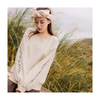 【OB 嚴選】素色麂皮葉子刺繡羅紋長袖上衣 《AB11351》