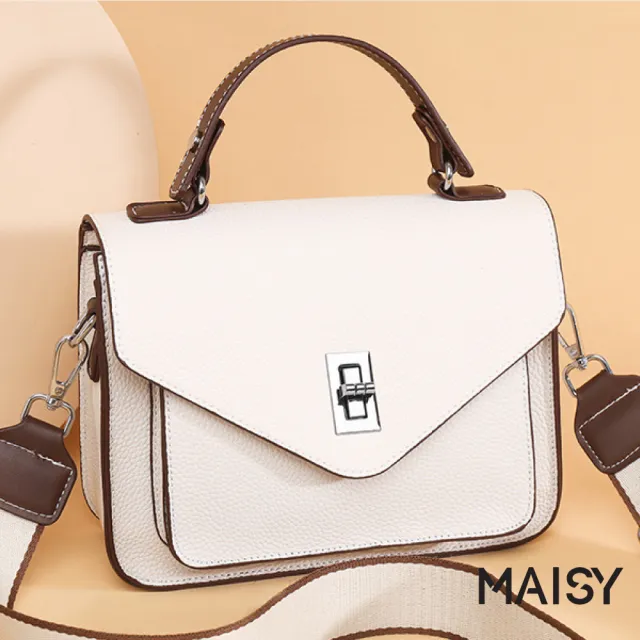 【MAISY】法式真皮氣質百搭小方包 手提包 斜跨包(米白/卡其/藍/黑)