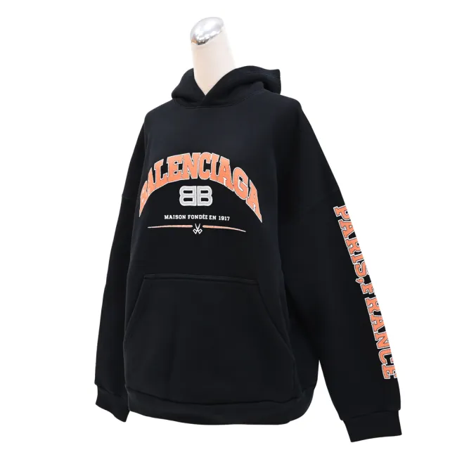 【Balenciaga 巴黎世家】經典LOGO內刷毛寬鬆連帽厚長袖上衣(黑)
