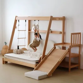 【Taoshop 淘家舖】實木兒童伸縮床｜鞦韆樹屋滑梯床｜多功能兒童房玩樂架｜全櫸木爬梯｜QMO003
