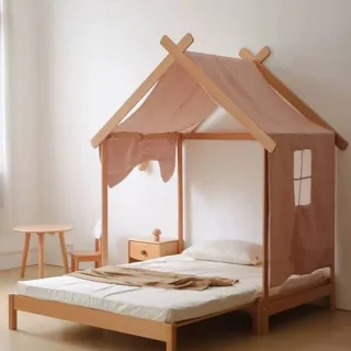 【Taoshop 淘家舖】拼色帆布樹屋全實木櫸木｜兒童男孩女孩城堡床帳篷自由組合｜不含床｜1.35米｜QMHPSW135