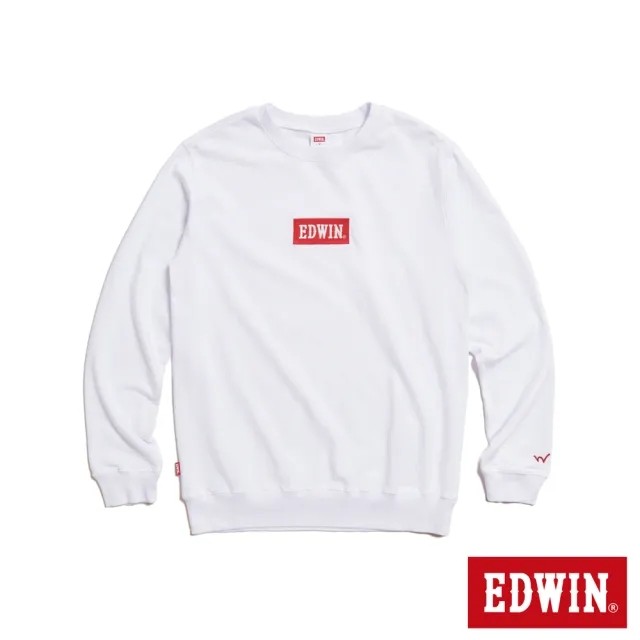 【EDWIN】男裝 BOX LOGO繡花厚長袖T恤(白色)