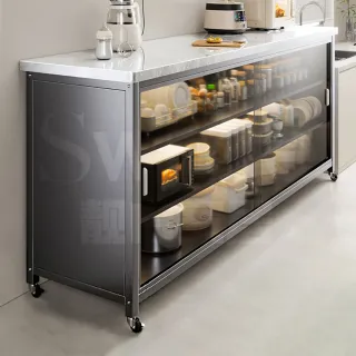 【靚白家居】岩板多層推拉門餐廚櫃 120公分 S527(餐櫃 電器櫃 餐邊櫃 中島 廚房置物櫃 收納櫃)