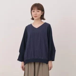【MOSS CLUB】鏤空條紋點點緹花V領上衣(藍 白/魅力商品)