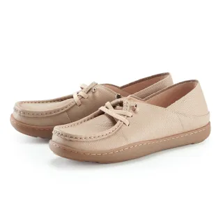 【MAGY】後踩式兩穿牛皮休閒平底鞋(粉色)