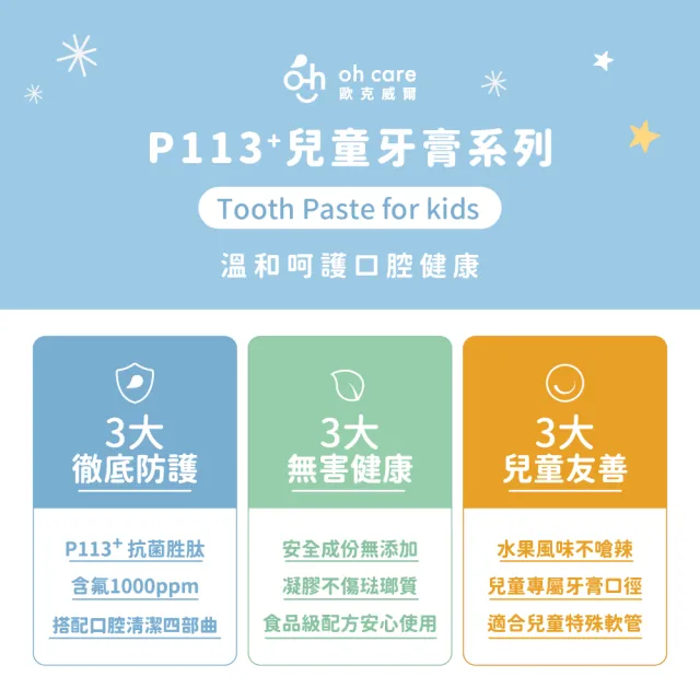 【oh care 歐克威爾】兒童含氟牙膏-葡萄/草莓 70gX1入(含氟1000ppm、全球獨家專利P113+抗菌成份)
