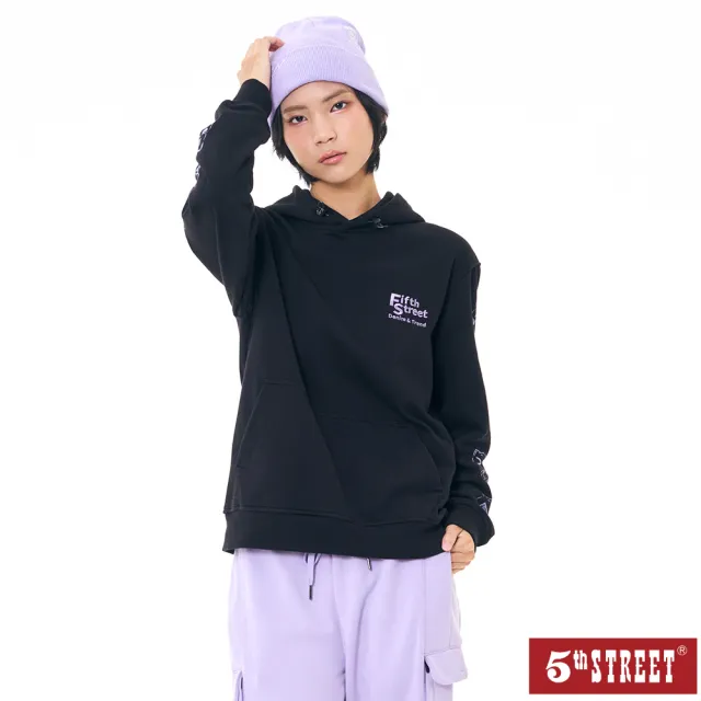 【5th STREET】中性 長袖 帽T 連帽上衣 黑色(561008)