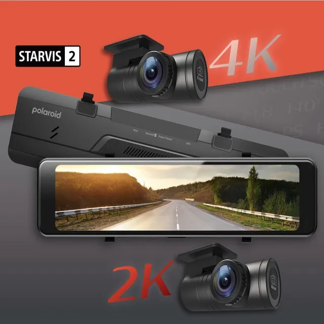 【Polaroid 寶麗萊】含安裝服務 T1222後視鏡行車紀錄器 附記憶卡(前4K+後2K 分離式鏡頭 測速提示 語音控制)