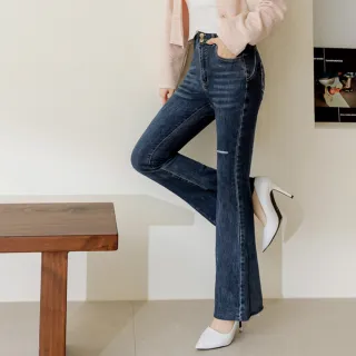 【OB 嚴選】視覺細5KG腰鬆緊刷色小喇叭牛仔顯瘦褲 《BA7595》