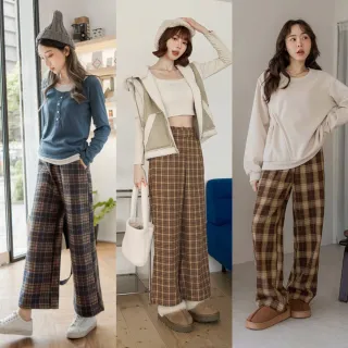 【OB 嚴選】修身格紋鬆緊直筒闊腿褲(多款選/顯瘦/保暖/百搭)