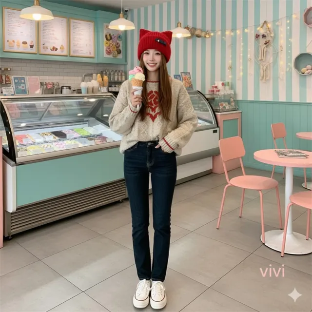 【HaNA 梨花】買一送一贈圍脖 MEOW~可愛貓耳牛仔蝴蝶結毛線帽(毛帽 秋冬百搭 貓耳)