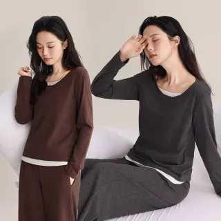 【Chic Chic 琪琪】1套組-長袖雲柔純棉假兩件睡衣套裝(長袖睡衣/雲感舒適/居家服/純棉睡衣/睡衣套裝)