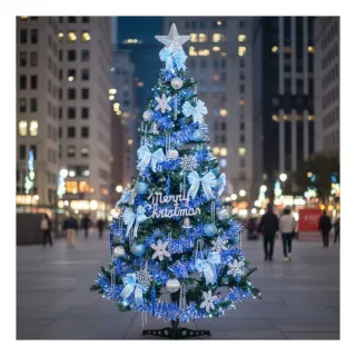 【摩達客】超級幸福 15尺一般型裝飾綠聖誕樹(含藍銀色系配件/含100燈LED燈9串/附控制器跳機)