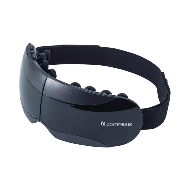 DOCTOR AIR REM-05 眼部按摩機，專為眼部設計的揉捏式按摩，內建溫熱功能與音樂播放，幫助舒緩眼部疲勞。充電式電源，輕巧僅210g，尺寸19x72x71cm，黑色金色系外觀，產自中國，BSMI許可R31310，保固1年個人衛生用品。