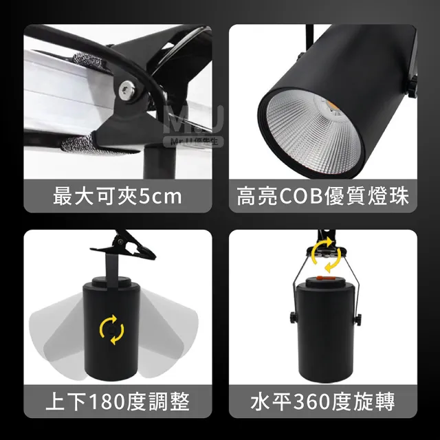 【Mr.U 優先生】充電式夾子射燈 擺攤夾燈(展示燈 夜市夾燈 照明燈 閱讀燈 可夾式 檯燈 夜燈 露營燈)