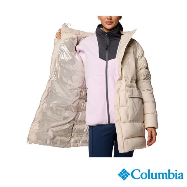 【Columbia 哥倫比亞】女款-保暖防潑羽絨長版外套-Harmony Falls™-淺卡其(UWR54790HI/JF)