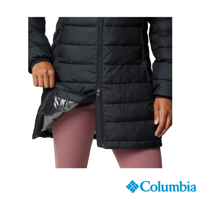 【Columbia 哥倫比亞】女款-保暖防潑填充長版連帽外套-Powder Lite™-黑色(UWR95750BK/JF)
