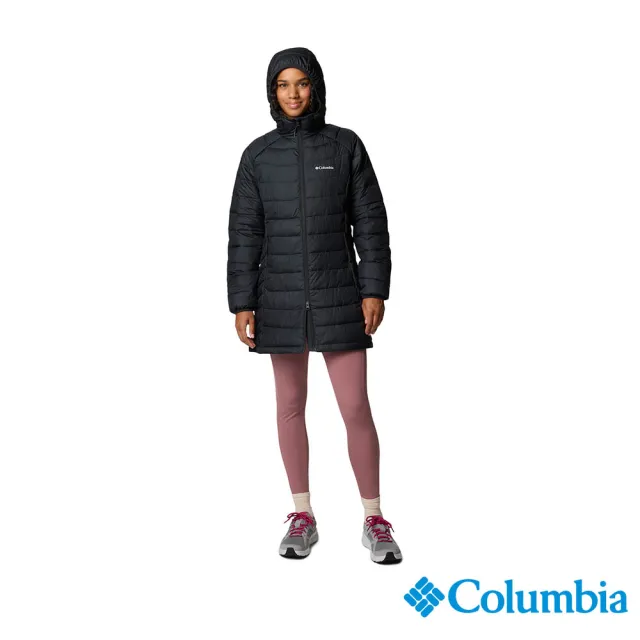 【Columbia 哥倫比亞】女款-保暖防潑填充長版連帽外套-Powder Lite™-黑色(UWR95750BK/JF)