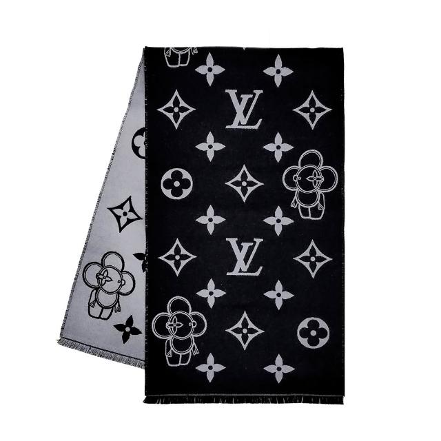 全新 LOUIS VUITTON 路易威登 M77973 Monogram Vivienne 黑灰雙色羊毛披肩圍巾，100%羊毛材質，長176cm 寬34cm，流蘇1cm，附原廠紙袋或紙盒，來自義大利製造，商品，適合男女使用，展現高階時尚風格與經典老花圖案設計。