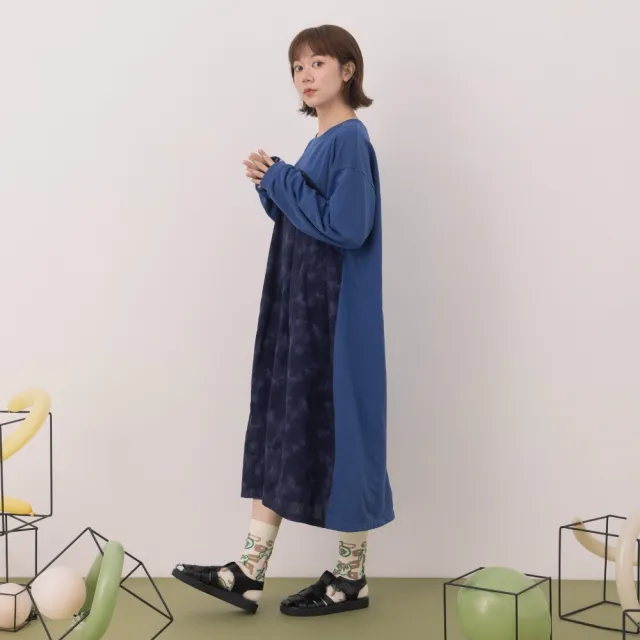 【MOSS CLUB】異材質暈染色塊拼接長版T恤洋裝(藍 黑 杏)