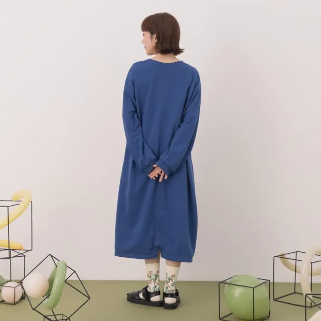 【MOSS CLUB】異材質暈染色塊拼接長版T恤洋裝(藍 黑 杏)