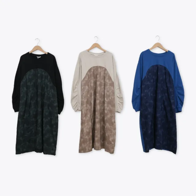 【MOSS CLUB】異材質暈染色塊拼接長版T恤洋裝(藍 黑 杏)