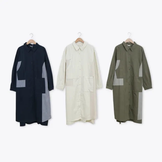 【MOSS CLUB】條紋面料拼接重組假背心長袖襯衫長版洋裝(藍 綠 杏)