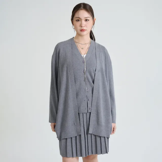 【M：MINb】兩件式V領針織背心外套組(灰色/中大尺碼女裝/XL女裝/大尺碼套裝/針織毛衣)