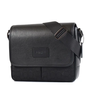 【COACH】男款 緹花LOGO拚皮革翻蓋斜背包-純黑