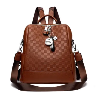 【Jpqueen】青春之旅格紋撞色全真牛皮雙肩斜背手提女用後背包(4色可選)