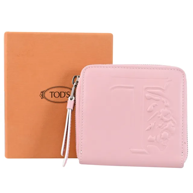 【TOD’S】TODS 簡約烙印LOGO小牛皮信用卡證件零錢包/簡易短夾(粉)