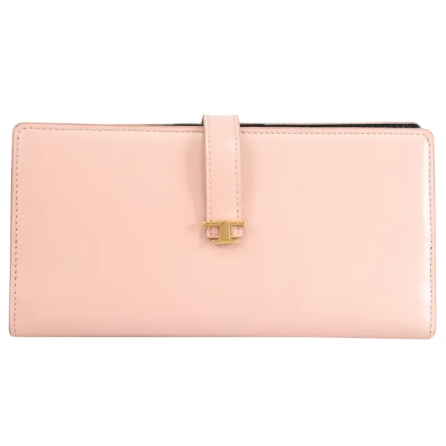 【TOD’S】TODS T Timeless 金屬LOGO小牛皮扣式零錢長夾(粉/黑)