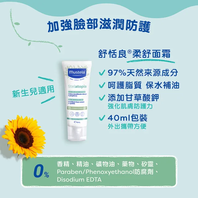 【Mustela 慕之恬廊】舒恬良 乾癢洗護滋潤組(舒緩沐浴油500ml＋滋養益膚柔舒霜150ml有機＋柔舒面霜40ml)