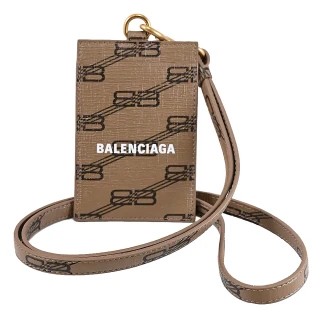 【Balenciaga 巴黎世家】品牌滿版雙B LOGO壓紋頸掛信用卡名片證件夾(咖)