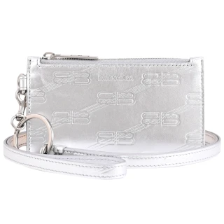 【Balenciaga 巴黎世家】品牌LOGO壓印牛皮斜背頸掛信用卡證件零錢包(銀)