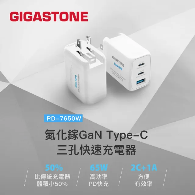 【Gigastone 立達國際】GaN 65W氮化鎵Type-C三孔急速快充充電器Pro PD-7650(白色/手機/平板/筆電快充)