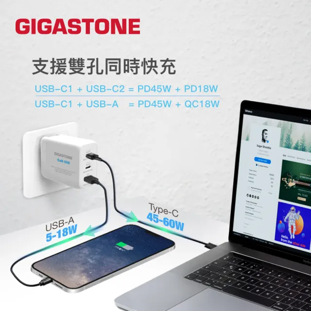 【Gigastone 立達國際】GaN 65W氮化鎵Type-C三孔急速快充充電器Pro PD-7650(白色/手機/平板/筆電快充)