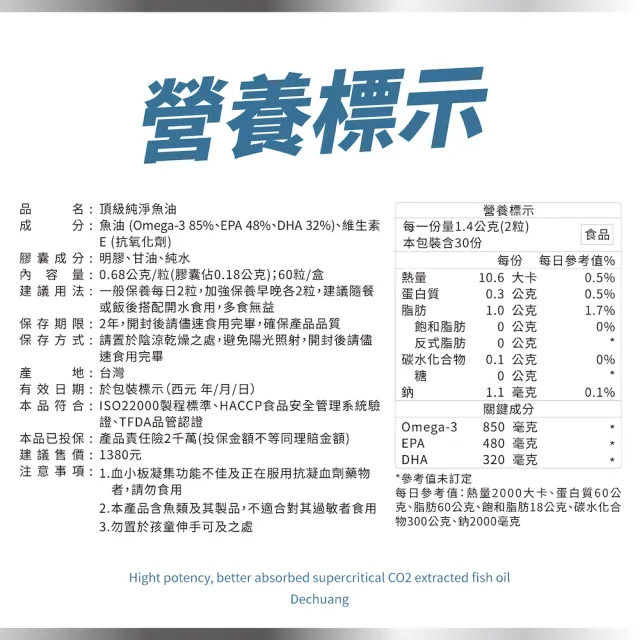 【De Chuang 德創生技】頂級純淨魚油1入組 混合型魚油含Omega-3 EPA+DHA(60粒/入)