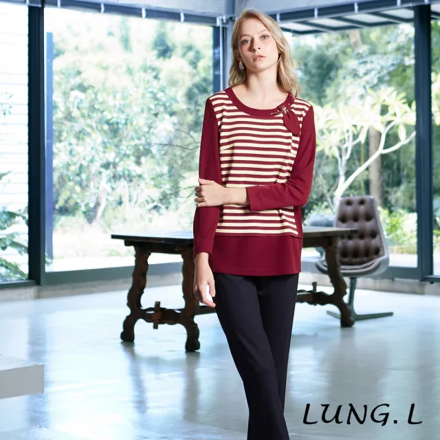 【LUNG.L 林佳樺】LT98A 酒紅色前後配條長版長袖女裝上衣(秋冬新品)