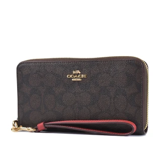 【COACH】緹花LOGO防刮皮革手掛式拉鍊長夾-咖啡/紅