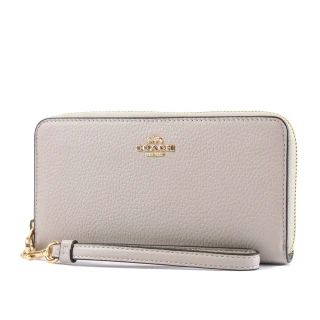 【COACH】立體馬車防刮皮革手掛式拉鍊長夾-杏灰