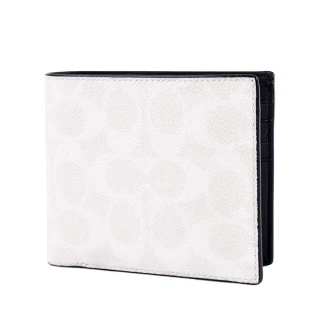 【COACH】男款 緹花LOGO防刮皮革八卡短夾-白色/附證件夾