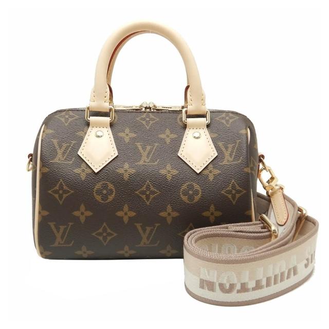 LV LOUIS VUITTON 路易威登 M46222 Speedy Bandouliere 20 字母編織背帶經典帆布波士頓包，全新商品，為兩用設計，可作手提包或背帶使用。外層為牛皮與帆布材質，內層為Monogram塗層帆布與天然牛皮飾邊，內襯紡織材質。配有拉鍊式開口，內有1個內袋，無底珠與外部夾層。尺寸約長22公分、寬11公分、高15公分，提把高度約8公分，背帶長度可拆可調，適合日常搭配。商品為真品/義大利平行輸入，顏色可選咖啡色系或裸色系，適用男女。