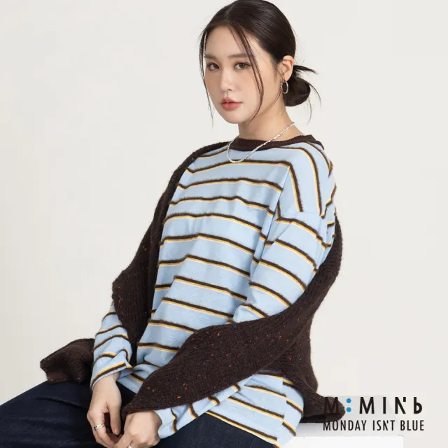 【M:MINb】配色毛絨條紋長袖T恤(淺藍/中大尺碼女裝/XL女裝/女裝/大尺碼上衣/大尺碼T恤)