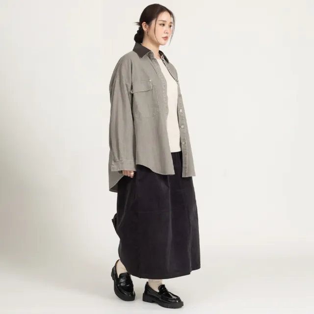 【M：MINb】巴恩風皮質翻領牛仔襯衫外套(深灰/中大尺碼女裝/XL女裝/女裝/大尺碼上衣/巴恩風/大尺碼外套)