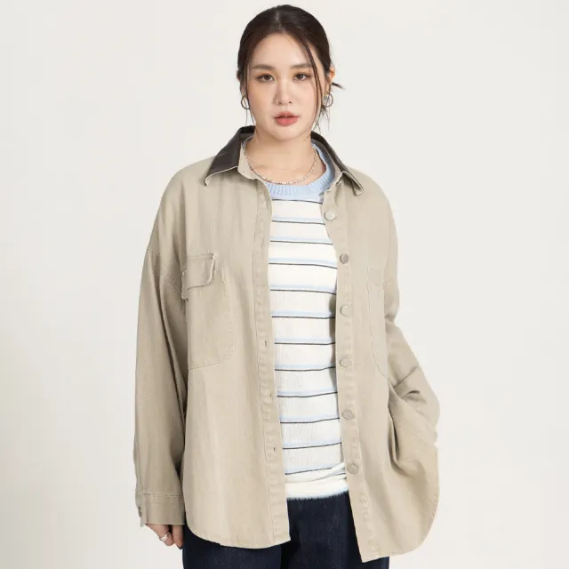 【M：MINb】巴恩風皮質翻領牛仔襯衫外套(淺卡其/中大尺碼女裝/XL女裝/女裝/大尺碼上衣/巴恩風/大尺碼外套)