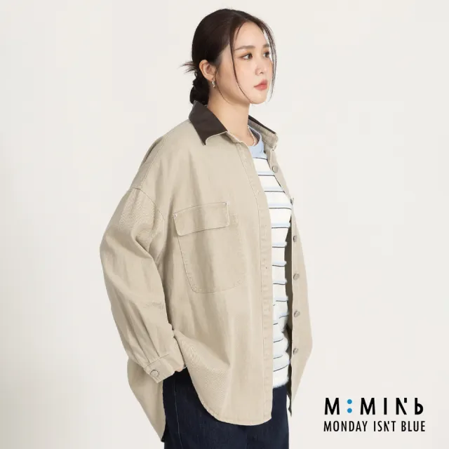【M：MINb】巴恩風皮質翻領牛仔襯衫外套(淺卡其/中大尺碼女裝/XL女裝/女裝/大尺碼上衣/巴恩風/大尺碼外套)